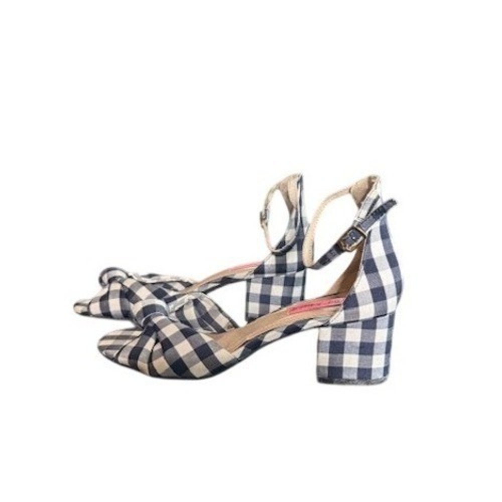 Betsey Johnson Size 7 Blue White Gingham Bow Block Heel Coquette Sandals - Picture 2 of 10